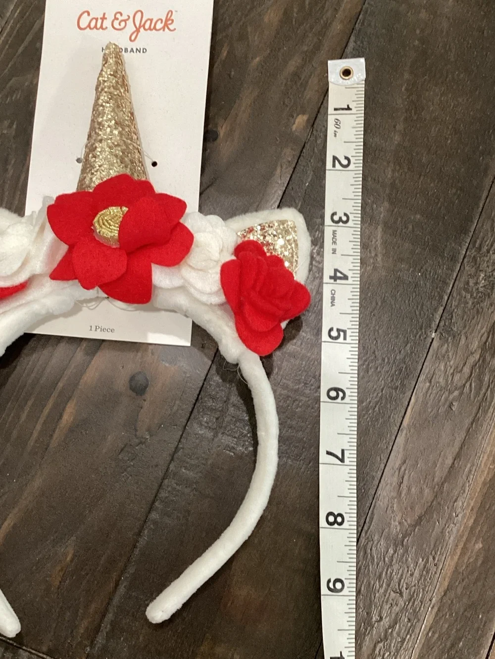 Cat & Jack White Unicorn Headband with Red Flowers and Gold Horn
